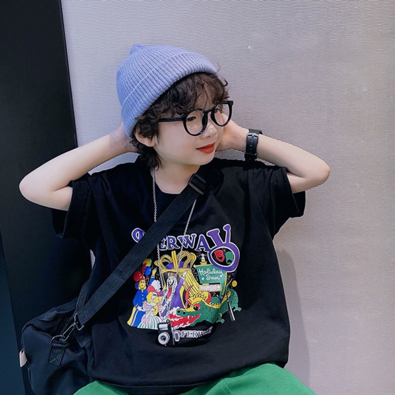 เกาหลีขายร้อน-เสื้อยืดแขนสั้นเด็กผ้าฝ้าย-2021-รุ่นใหม่ของเกาหลีคอกลมสีดำพิมพ์การ์ตูนลำลองหลวม-ๆ-ในเทรนด์เด็กโต