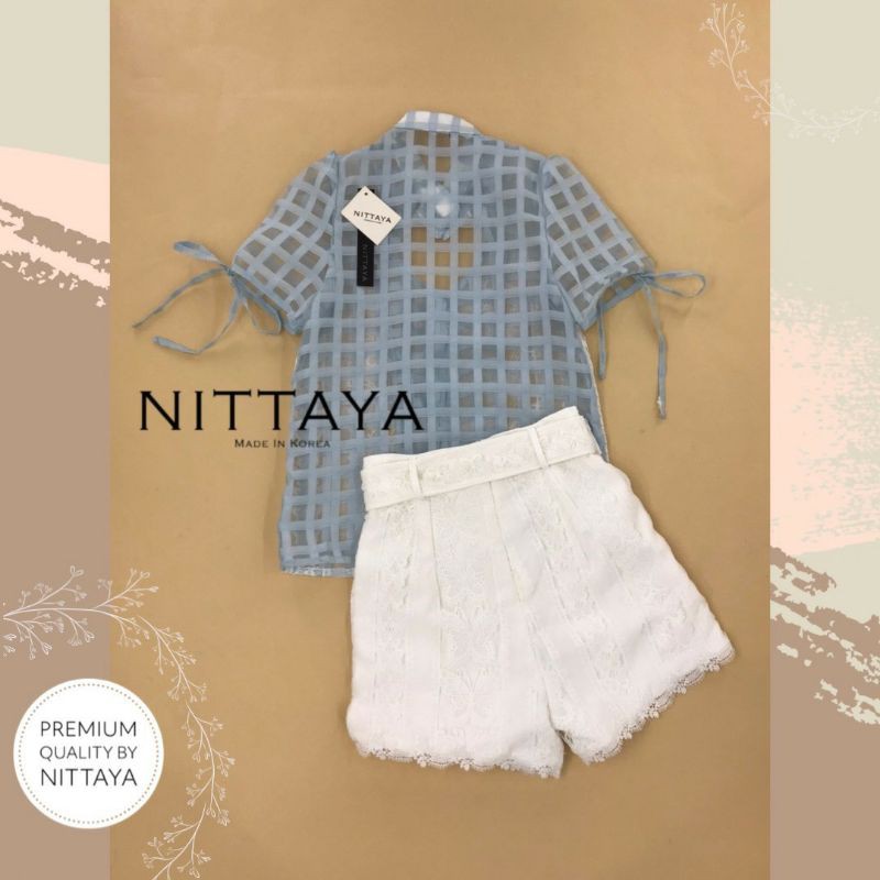 ป้าย-nittaya-set-เสื้อแขนสั้นเว้าอก-รูปหัวใจ-กางเกงขาสั้น-เข็มขัด