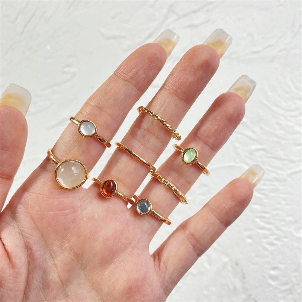 8pcs/set Vintage Colorful Stone Metallic Chain Trendy Geometry Hit ...
