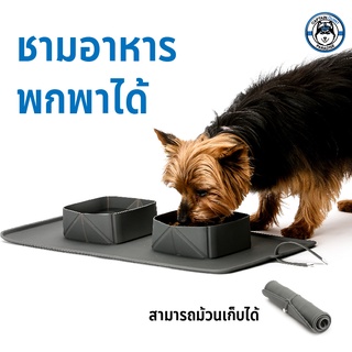 ชามให้อาหารสัตว์เลี้ยง สุนัขและแมว แบบซิลิโคน 2 ช่อง ม้วนเก็บได้ Portable bowl