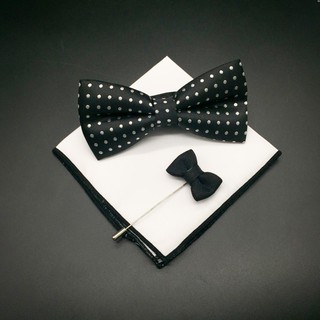 เซ็ทโบว์ไทดำลายจุด+ ผ้าเช็ดหน้าสูท+พิน-Black Polka Dot Bowtie+ Pocket square +Pin set