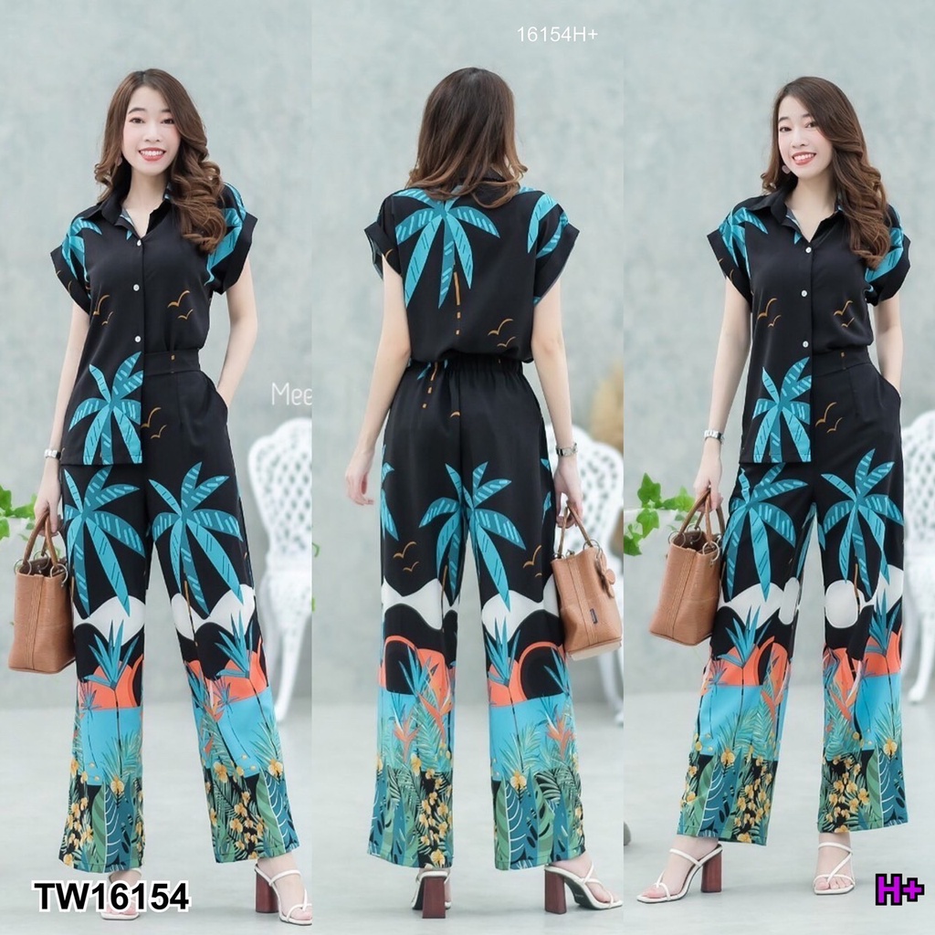 tw16154-new-set-2-ชิ้น-พร้อมส่งค่า-เสื้อปกเชิ้ตแขนเบิ้ลลายต้นมะพร้าว-ติดกระดุมด้านหน้า-กางเกงขายาว-มีกระเป๋าข้าง