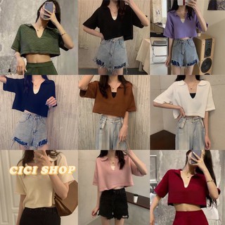 ราคาCicishop(พร้อมส่ง)เสื้อครอปไหมพรมแขนสั้นคอปกหน้าวีแหวกลึก( 5951-1)