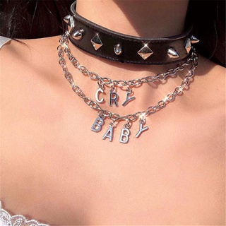 สินค้า Punk Cool Women Men CRY BABY Chain Necklaces Collar Choker PU Leather Rivet Necklaces Jewelry