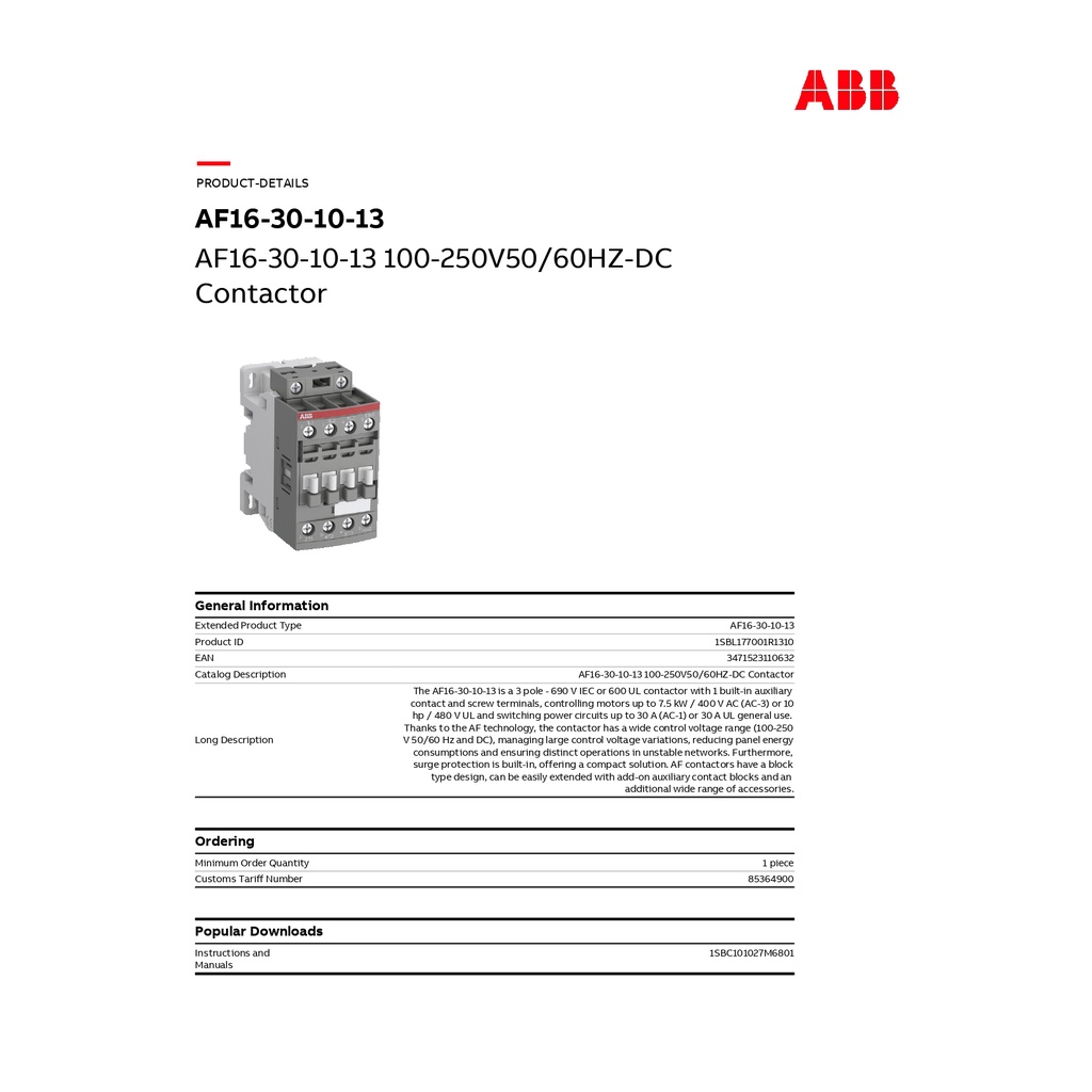 abb-af-range-af16-3-pole-contactor-30-a-230-v-ac-coil-3no-7-5-kw-รหัส-af16-30-10-13-1sbl177001r1310-เอบีบี