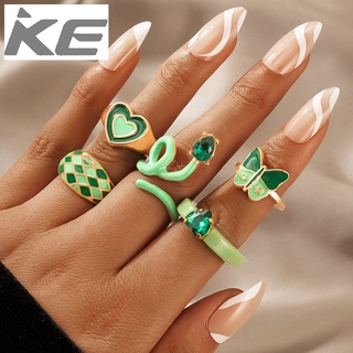 Fresh green ring love peach heart-shaped animal snake-shaped butterfly drop ring 6-piece set f