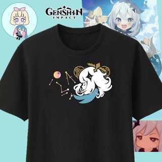 คอลูกเรือเสื้อยืดคอกลมGenshin Impact Paimon เสื้อยืดลําลองสําหรับผู้ชายผู้หญิง Unisex แขนสั้นคอกลมพิมพ์ลายสีขาวสีดําผ้าฝ