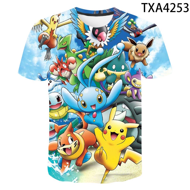 เสื้อยืดแขนสั้นพิมพ์ลายการ์ตูน-pokemon-3-มิติแฟชั่นสําหรับเด็ก