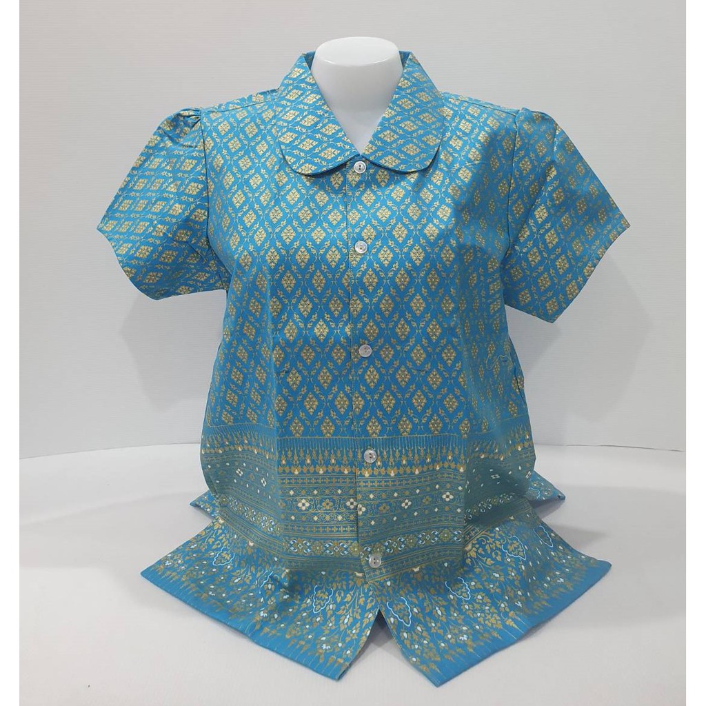 เสื้อลายไทยคอบัว-ผ้าพิมพ์ทอง-สีฟ้าลายไทย1-ผู้หญิง