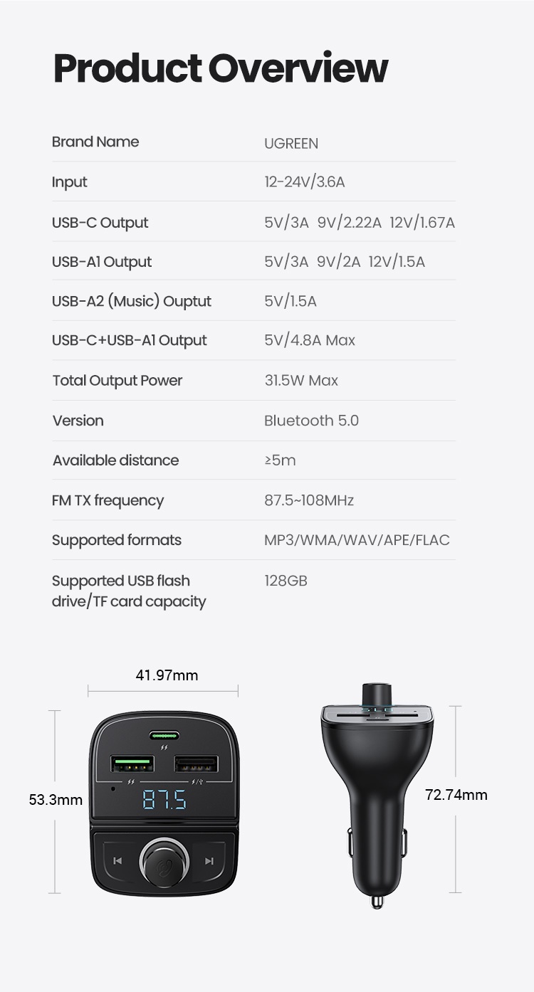 เกี่ยวกับ Ugreen PD อะแดปเตอร์ชาร์จ 4.0 3.0 FM บลูทูธ 5.0 แฮนด์ฟรี FM สําหรับ iPhone 14 13 12 QC3.0