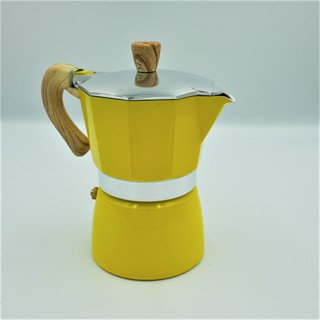 หม้อชงกาแฟ moka pot มอคค่าพอท 3 คัพ 3 Cup 150ml สีเหลือง ด้ามจับไม้ 1610-1163