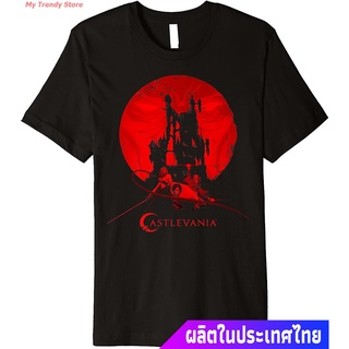 ROUNDคอลูกเรือNeckMy Trendy Store เสื้อยืดแขนสั้น Netflix Castlevania Group Shot Red Moon Castle Silhouette Premium T-Sh