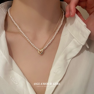 สร้อยคอ สองชั้น ประดับไข่มุก ดีไซน์รูปหัวใจ