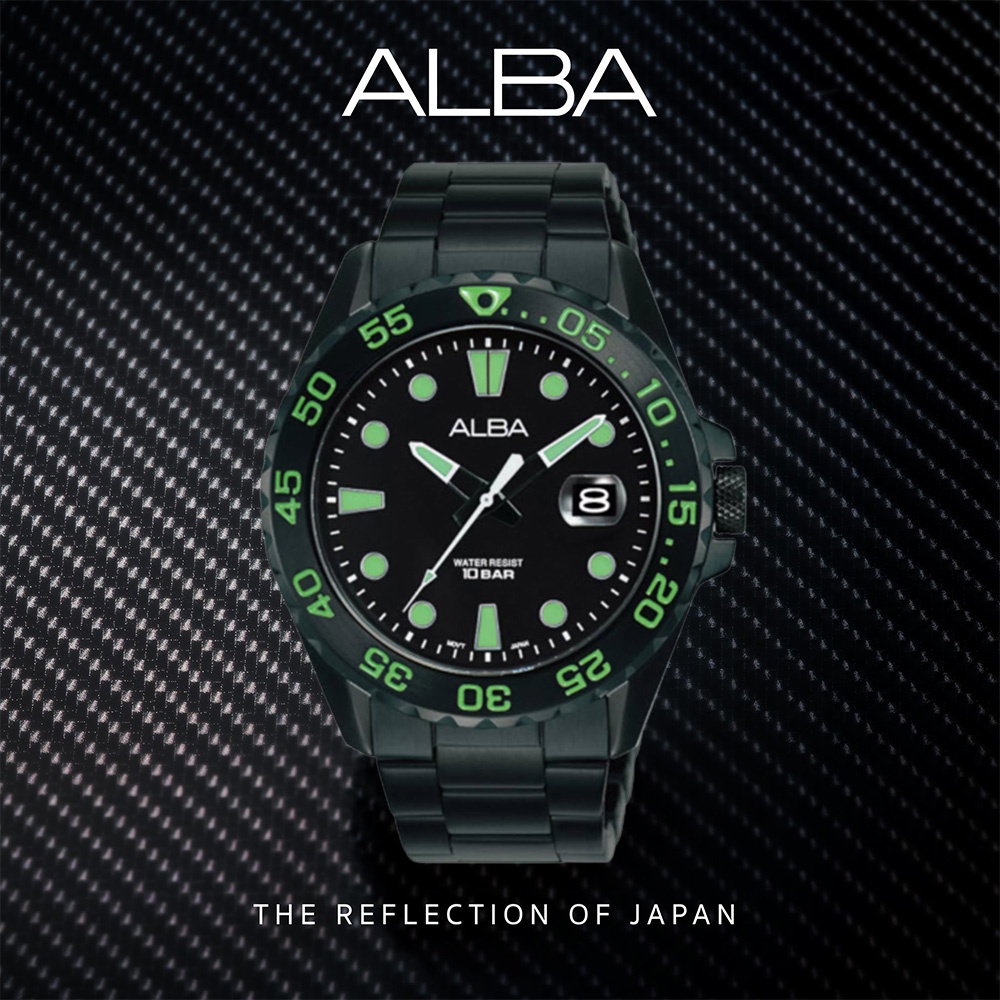 alba-นาฬิกาข้อมือผู้ชาย-สายสแตนเลส-รุ่น-as9n25x1-as9n25x-สีดำ-หน้าปัดดำขีดสีเขียว