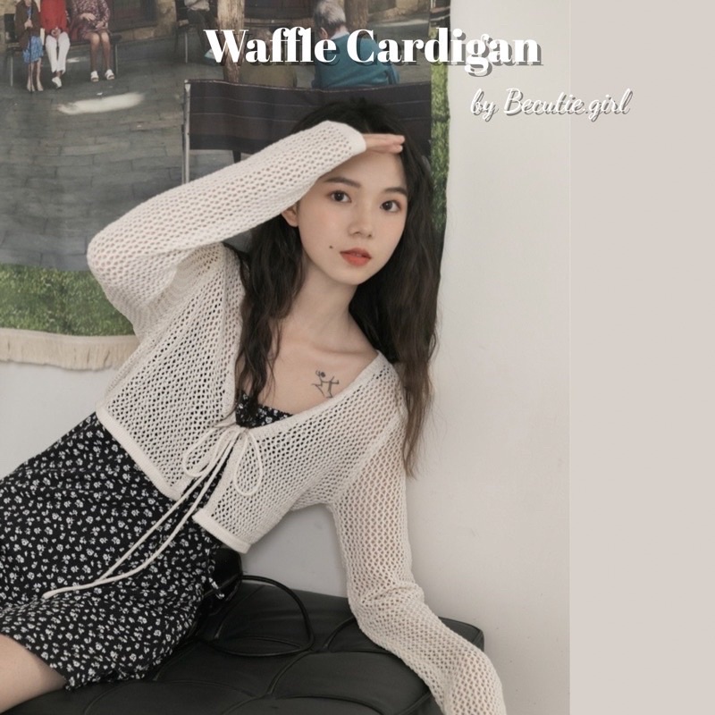 waffle-cardigan-พร้อมส่ง-เสื้อคลุมผ้าถัก-เสื้อคลุมแขนยรวแบบถัก-คาค์ดิแกนสีขาว-คลุมบิกินี่-เสื้อคลุมไปทะเล-becutiegirl