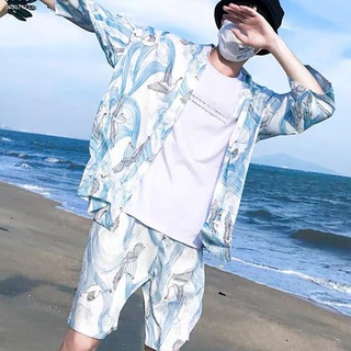 ภาพหน้าปกสินค้าชุดเที่ยวทะเลผู้ชาย ชุดไปทะเลผู้ชาย เสื้อไปทะเลผู้ชาย ◈❉ฤดูร้อนญี่ปุ่นหลวมสามในสี่แขนชายหาดครีมกันแดดเสื้อผู้ชายสไตล์จีน ที่เกี่ยวข้อง
