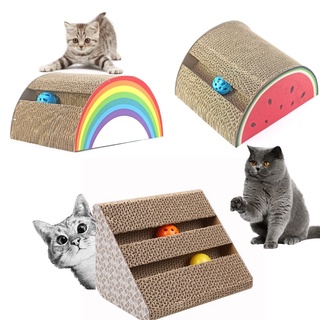 สินค้า ที่ฝนเล็บแมว กระดาษลูกฝูก ที่ลับเล็บแมว ของเล่นแมวสามเหลี่ยมมีรางบอลแมวกรุ๊งกริ๊งอยู่ด้านในกล่อง