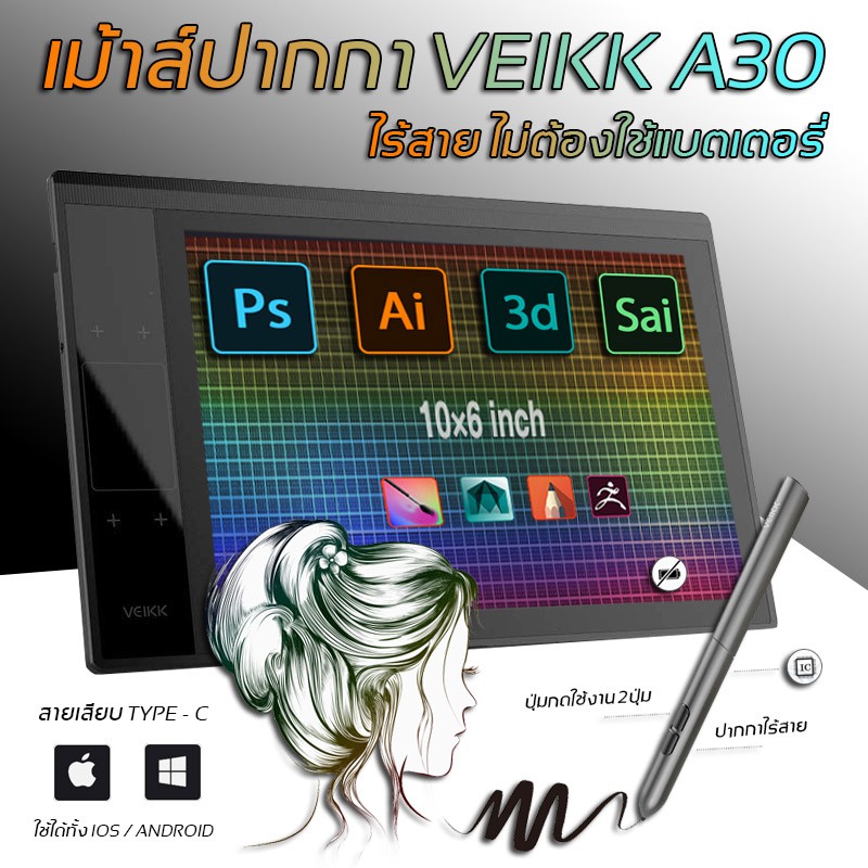ภาพหน้าปกสินค้า(ประกัน 1ปี) เม้าส์ปากกา Veikk A30 V2 กราฟิกแท็บเล็ต เม้าส์ปากกาไร้สาย เมาส์ปากกาวาดรูปดิจิตอล Pen Mouse Graphic Tablet