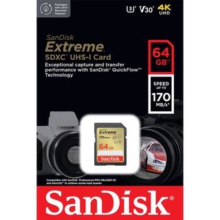 ภาพขนาดย่อของภาพหน้าปกสินค้าSanDisk Extreme SDXC Card 64GB ความเร็ว อ่าน 170MB/s เขียน 80MB/s (SDSDXV2-064G-GNCIN) จากร้าน sandisk_thailand_officialshop บน Shopee