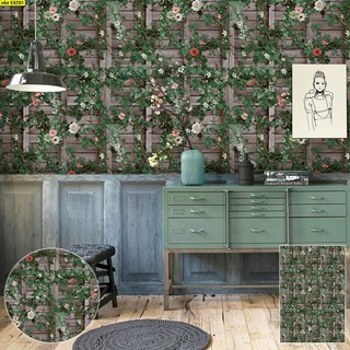 Wallpaper วอลเปเปอร์ติดผนังลายกำแพง ดอกไม้เลื้อย สีเขียว กว้าง 0.53 x ยาว 10 เมตร