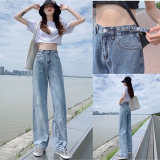 Korean ❣️ ยีนส์ทรงกระบอก🍒สไตส์เกาหลี ด้านข้างปรับกระดุมได้ ทรงสวย สุดฮิตวัยรุ่นมากๆ มีสองสี (/ Girls jeans /) 2099