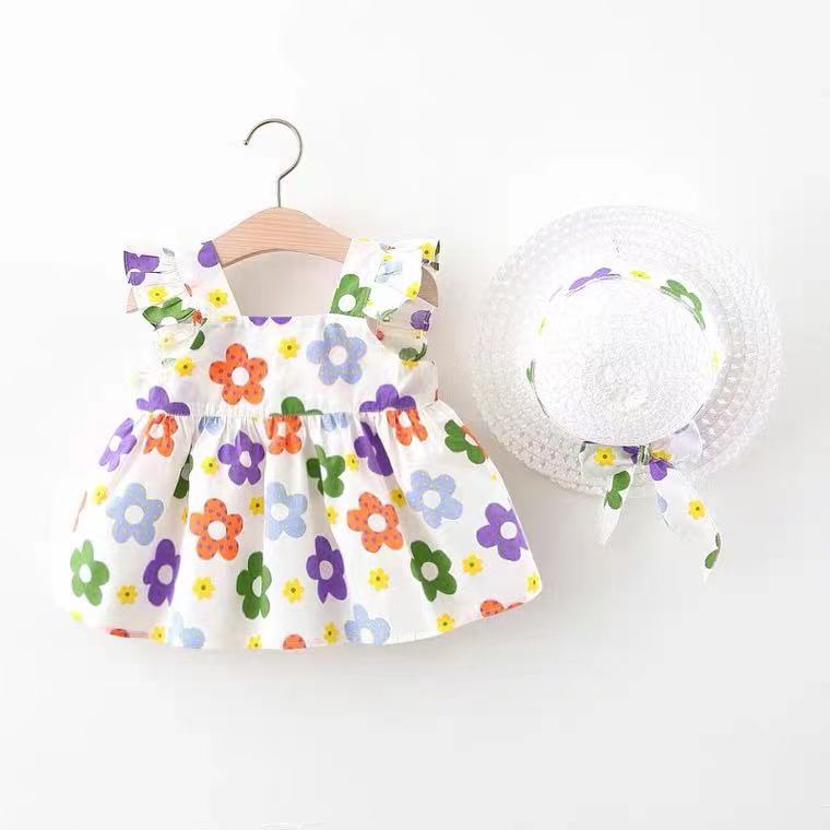 cod-baby-girls-dress-cotton-dress-with-baby-hat-1-5y-girl-vest-dress-2021-new-summer-girls-flower-skirt-girl-clothing-with-hat