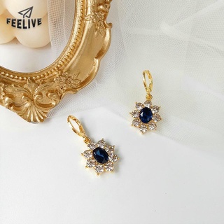 【Feelive】ต่างหูพลอย สีฟ้าใส หรูหรา สไตล์เกาหลี เรโทร เรียบง่าย