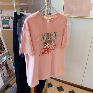 เสื้อยืดแขนสั้น พิมพ์ลายการ์ตูน ทรงหลวม ขนาดใหญ่ สีชมพู สไตล์เกาหลี ตะวันตก แฟชั่นฤดูร้อน สําหรับผู้หญิง