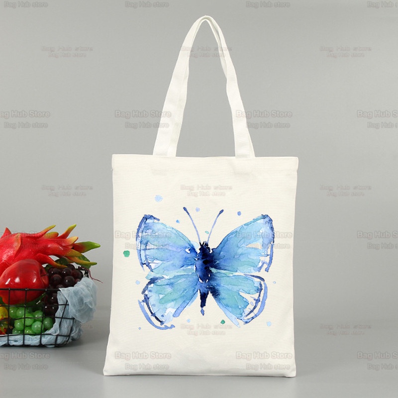 กระเป๋าช้อปปิ้ง-ผ้าแคนวาส-พิมพ์ลายผีเสื้อ-ดอกไม้บิน-สีฟ้า-สไตล์เกาหลี