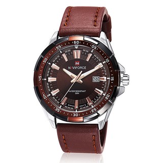 สินค้า รับประกัน 1 ปี สินค้าพร้อมกล่อง กันน้ำได้นาฬิกา naviforce แท้รุ่น NF9056-BRSIL นาฬิกาข้อมือผู้ชาย  สายหนังสีน้ำตาล