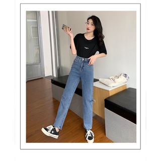 กางเกงยีนส์ขายาวเอวสูงสไตล์แบบขาดๆสไตล์เกาหลี ทั้งหมด3สี#901-2