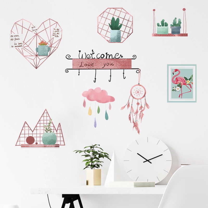 zooyoo-สีชมพู-mood-potted-plant-ตกแต่งสติ๊กเกอร์ติดผนัง-dream-catcher-flamingo-ภาพวาดตกแต่งบ้าน-wall-sticker