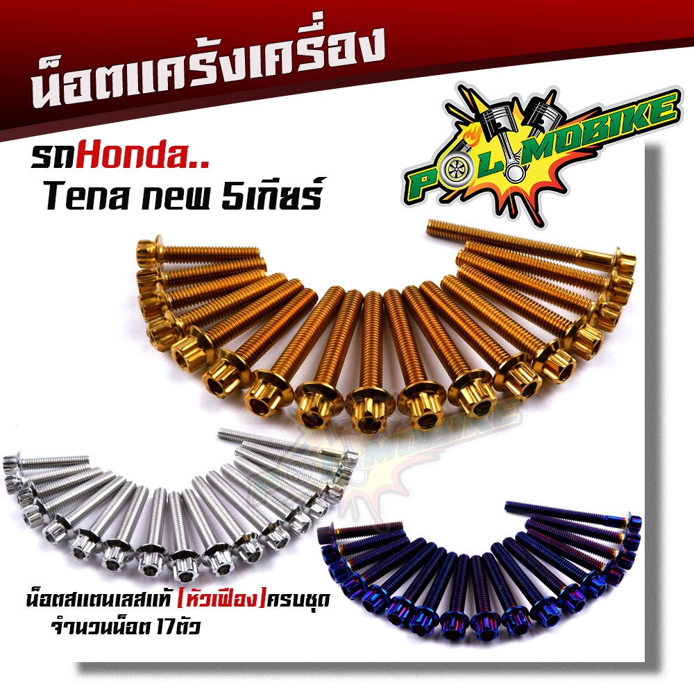 น็อตแคร้งเครื่อง TENA NEW 5 เกียร์ เลสแท้100% (1ชุด 17ตัว) น็อตหัวเฟือง น็อตแคร้งเทน่า น็อตชุด