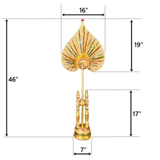 ตาลปัตร ตาลปัตรใบโพธิ์ ขนาด 7"x16"x46"นิ้วตาลปัตรใบโพธิ์มคู่  ตาลปัตรใบโพธิ์คู่ทองเปลวติดกระจกสีพร้อมขาตั้ง ฝีมือหัตกรรม