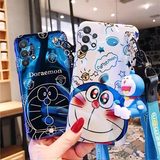 เคส Samsung Galaxy A02 M12 A32 5G 4G Case with Hand Strap + Neck Strap Cute Doraemon Doll Bracket Cartoon Phone Case for SamsungA02 GalaxyA32 Casing Blu-ray Soft TPU Cover เคสโทรศัพท์