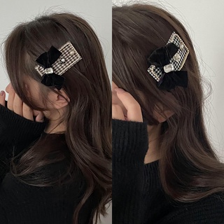 Houndstooth bow pearl hairpin Korean retro style temperament bangs clip girl simple camellia hair accessories for girls