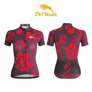 DeMonte Cycling เสื้อจักรยานผู้หญิง ลายดอกสีแดง DE-010 เนื้อผ้า Microflex ระบายอากาศดีมาก