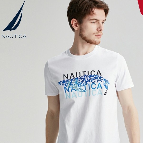 เสื้อยืดสีขาวnautica-nudica-เสื้อยืดคอกลมแขนสั้นเนื้อผ้าฝ้ายพิมพ์ลายตัวอักษรสําหรับผู้ชาย