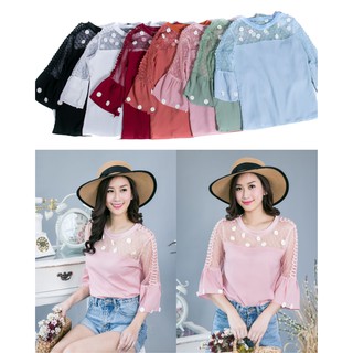 พร้อมส่ง เสื้อชีฟอง เสื้อเกาหลี แต่งดอก รุ่น807