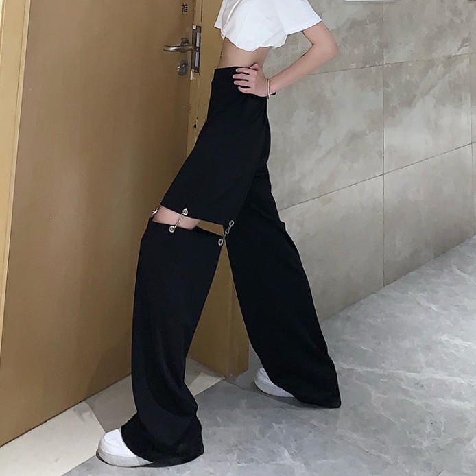 ภาพสินค้าHOT  Design Sense chain Hollow Wide Leg Pants Casual Pants Women Summer 2021 new pants Loose high waist straight pant จากร้าน furgo2889 บน Shopee ภาพที่ 6