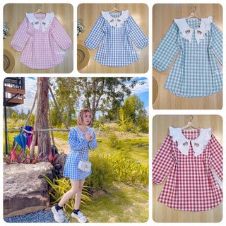 Mini Dress🐻น่ารักคอบัวใหญ่ระบาย ปักหมีนูนสวย รุ่นนี้ใส่เกาหลีมากก #P117