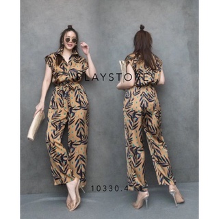 Jumpsuit คอปก แขนสั้น ลายใบไม้