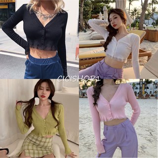 Cicishop(พร้อมส่ง)เสื้อไหมพรมแขนยาว คอวีสีพื้น ดีเทลแต่งขอบลูกไม้มินิ(5690)