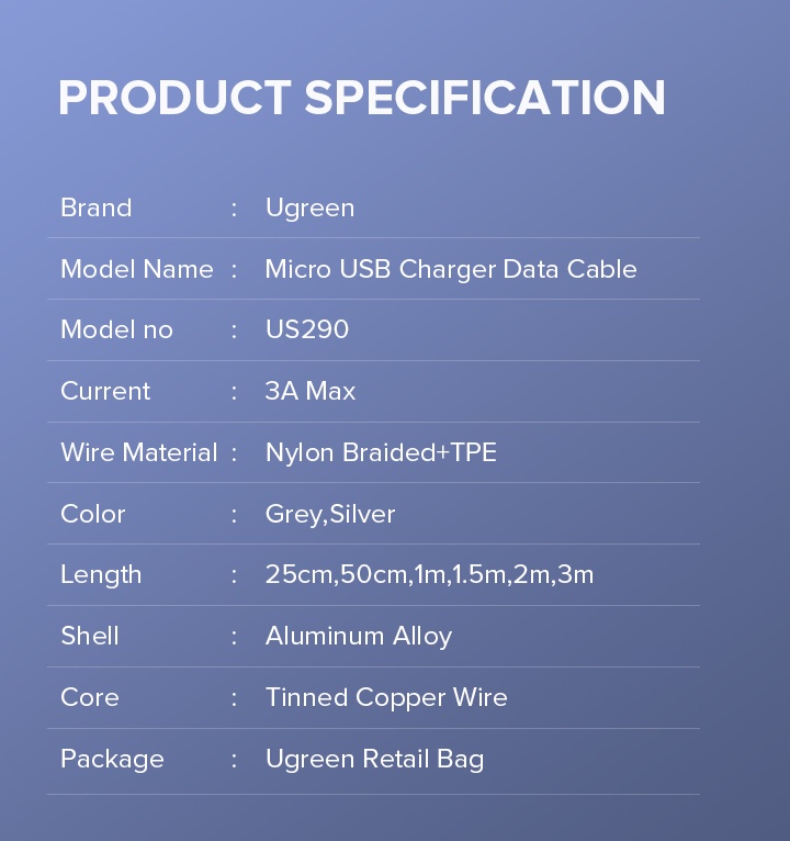 ภาพอธิบายเพิ่มเติมของ Ugreen สายชาร์จไว Micro USB เป็น USB ส 100 ซม. 2.4A สำหรับ Samsung Galaxy LG Google