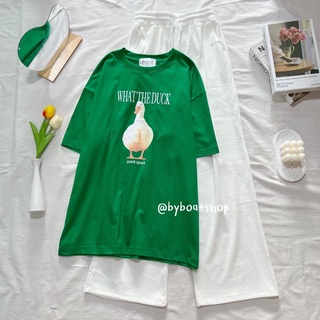 ชุดเซต เสื้อยืดoversize ลาย duck (สีเขียว) + กางเกงลูกฟูก (สีขาว)