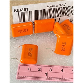 104J800V 104J 630V คาปาซิเตอร์ไมล่าสีส้ม(แพ็ค3ตัว) ของแท้เกรดดี Cไมล่า อิตาลี KEMET Italy ขาห่าง15-20มิล แท้ใหม่แกะกล่อง