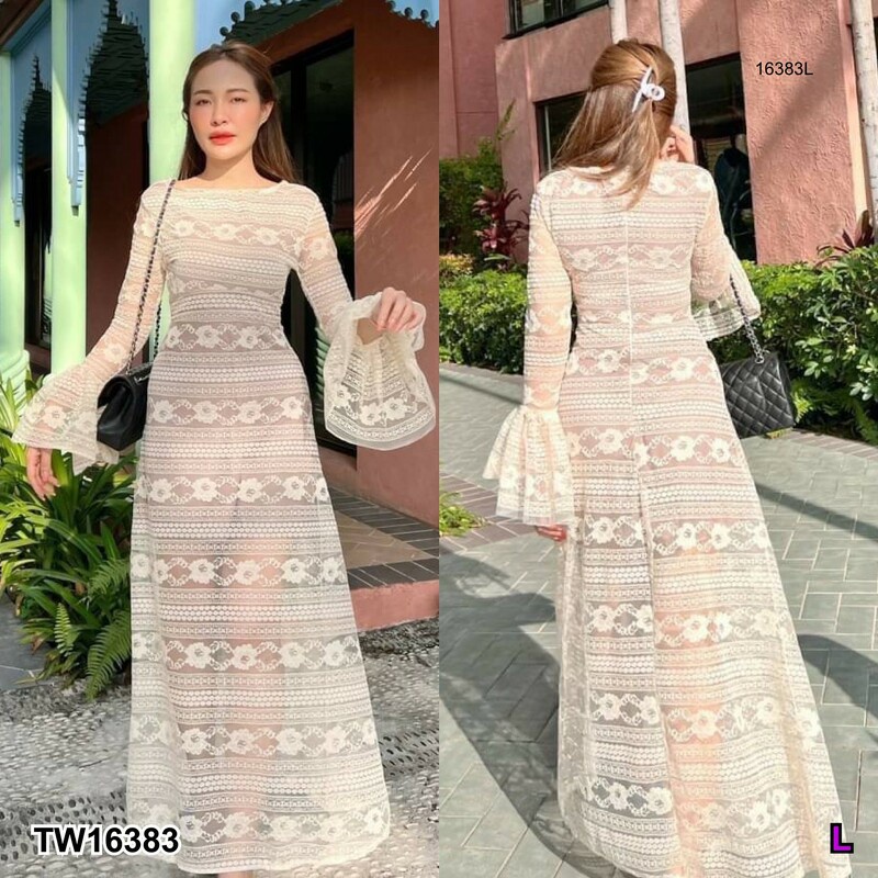 b16383-แมกซี่เดรส-ลูกไม้-แขนยาวปลายแขนระบาย-lace-maxi-dress-with-long-sleeves-and-flared-cuffs