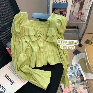 เสื้อเชิ้ตแขนสั้น คอสี่เหลี่ยม สีเขียว สไตล์ตะวันตก แฟชั่นฤดูใบไม้ผลิ สําหรับผู้หญิง