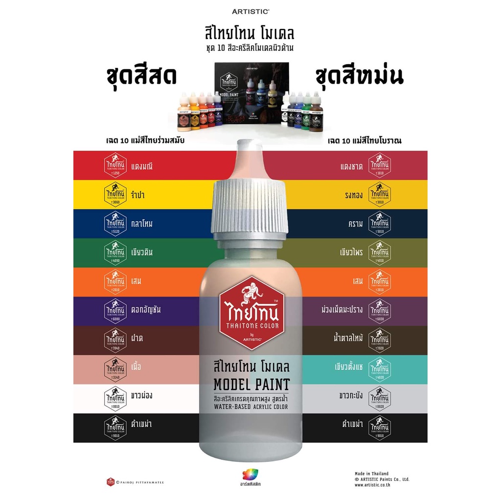 ชุดแม่สีโมเดลไทยโทน-แม่สีหม่น-เนื้อด้าน-ภายในชุดประกอบด้วยแม่สีสดขนาด20ml-จำนวน10สี