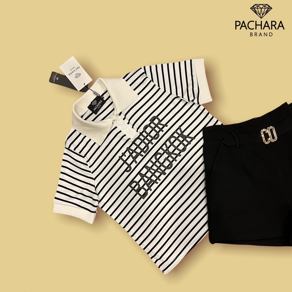 pachara-เซ็ต-2-ชิ้น-เสื้อคอปกแขนสั้นลายริ้ว-แมทช์คู่กับกางเกงเกงขาสั้นสีดำ-แต่งหัวเข็มขัดแบรนด์-เนื้อผ้าหนางานมีซับในค่ะ